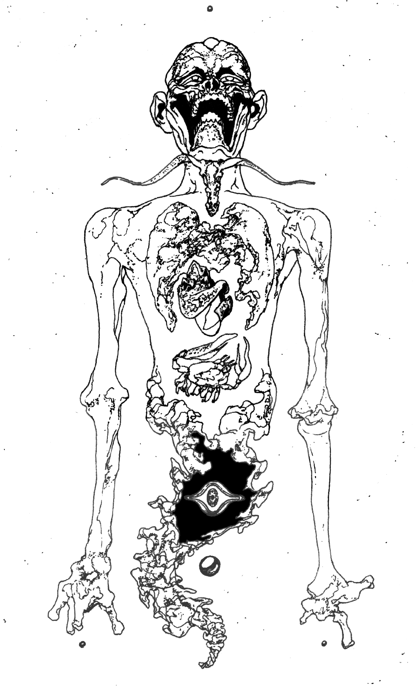 Detailed monochrome drawing of a human figure