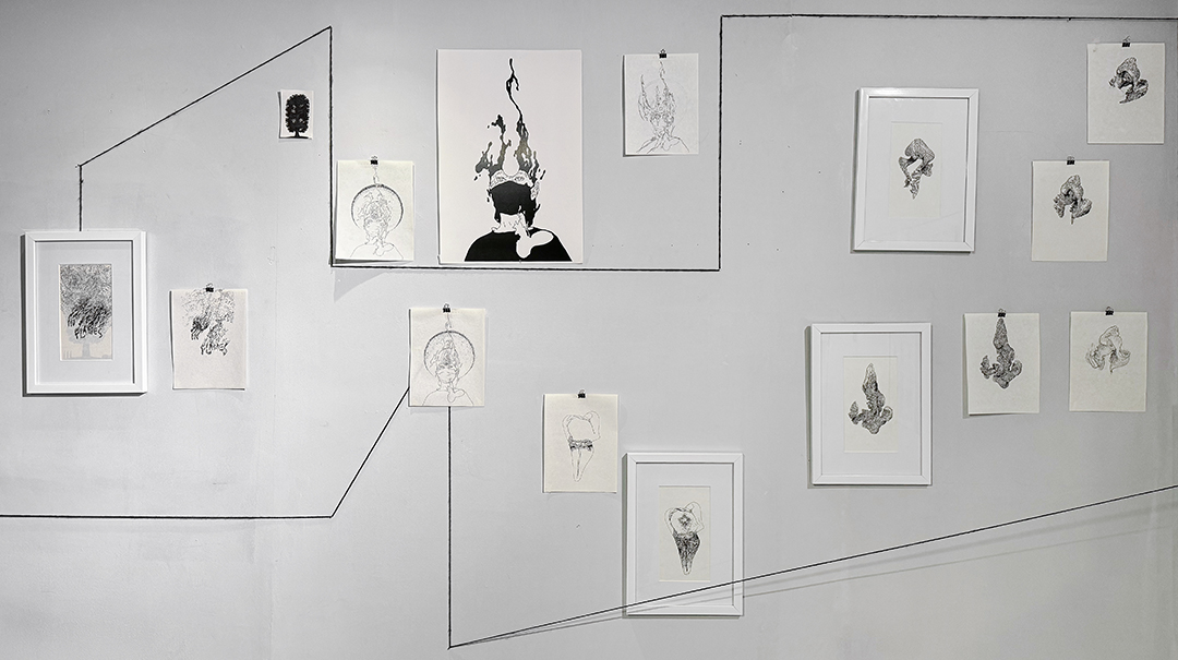 The exhibition’s wall arrangements