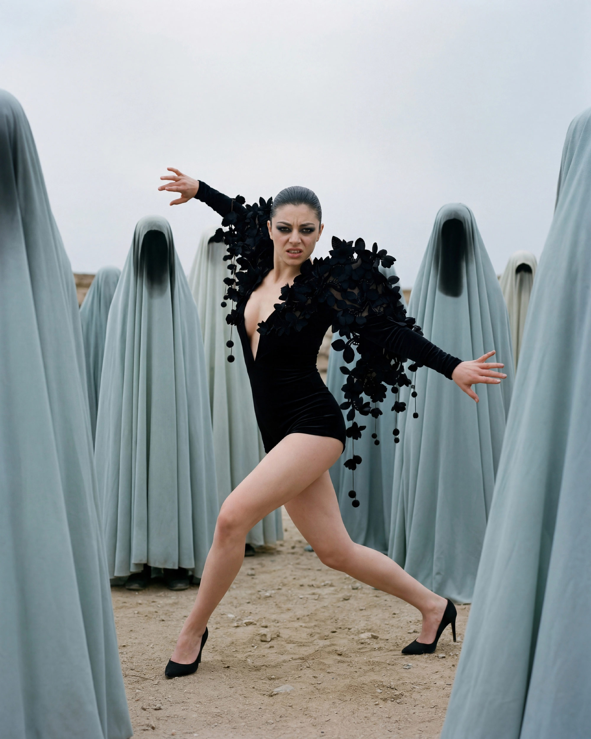 Ahu dancing among shrouded figures